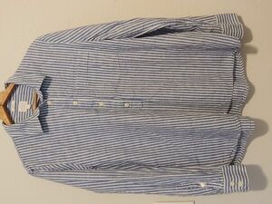 J Crew Shirt Blue White Striped Boy Fit Long Sleeve Cotton Linen Blend SZ Large